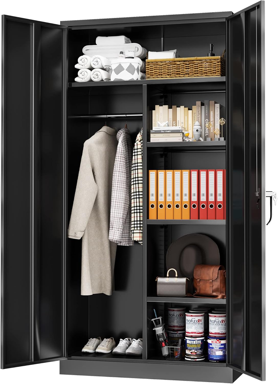 Greenvelly Metal Storage Wardrobe with Lock Door, 72" Steel Storage Wardrobe Cabinet,Employees Locker Closet Clothing Coat Steel Wardrobe Cabinet with Hanging Rod for Garage,Home, Office,Gym