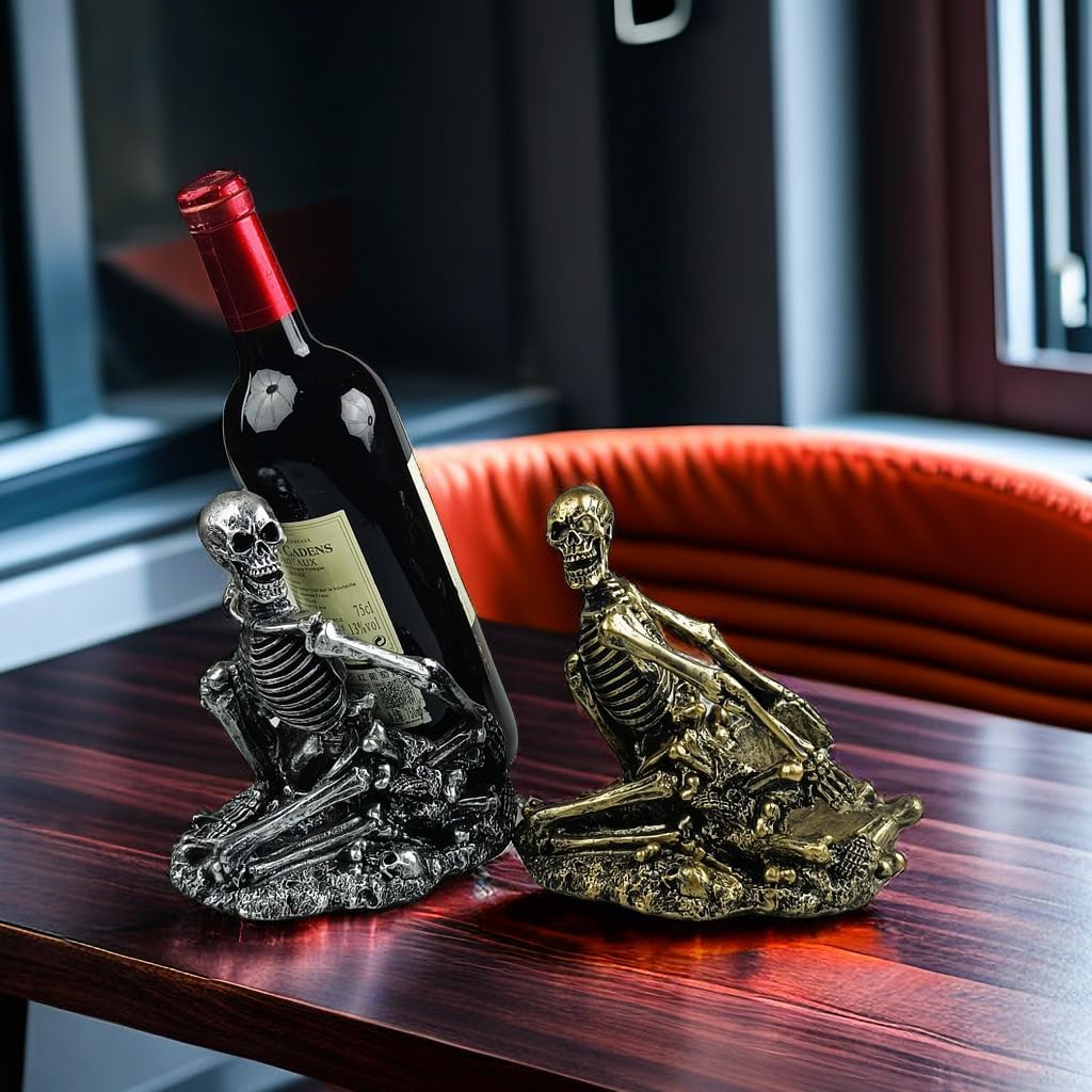 Gothic Skull Decorated Wine Bottle Rack, Halloween countertop Small Wine Rack, Room Emotional Decoration (Silvery)