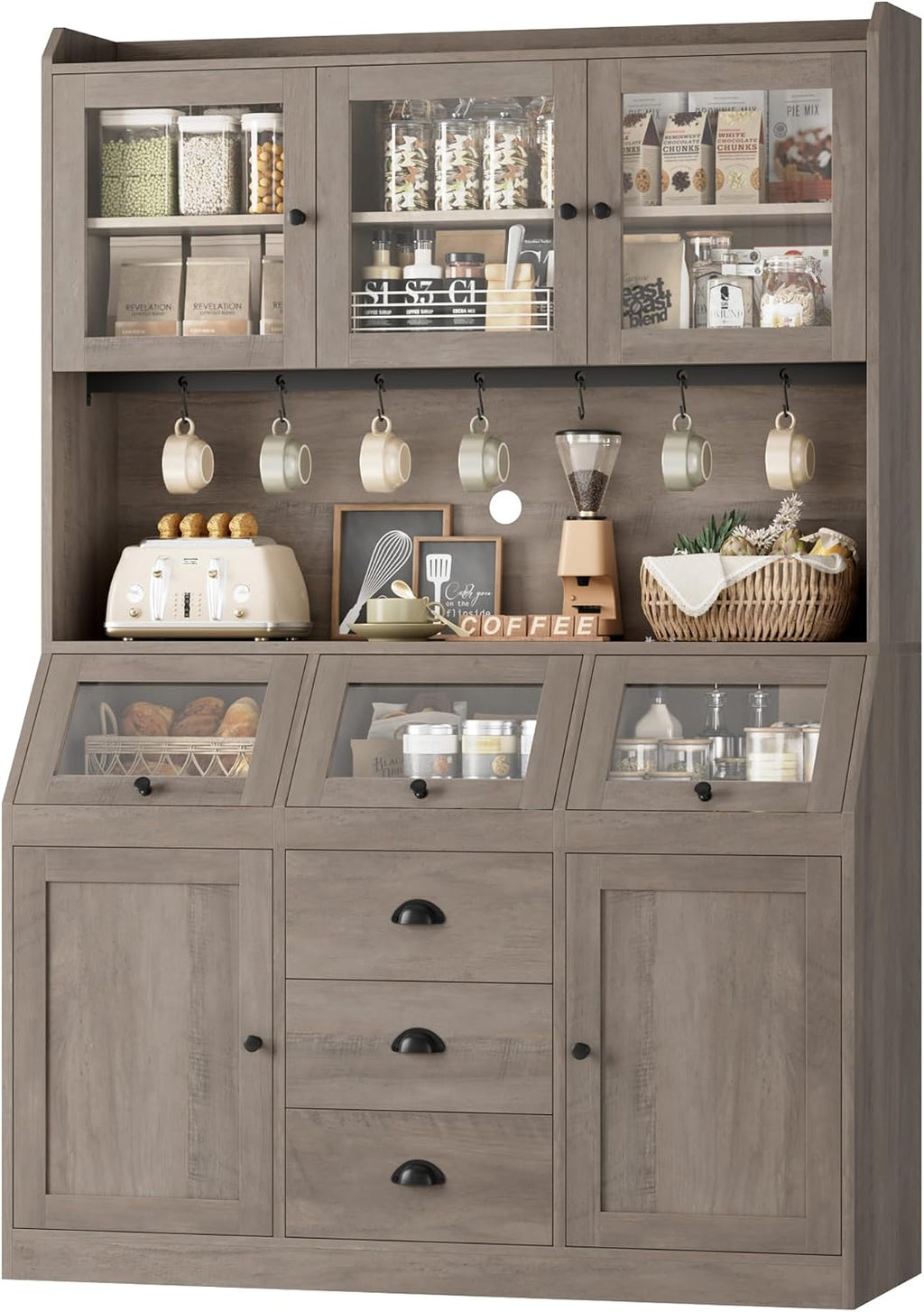 HIFIT 71.4” H Farmhouse Pantry Cabinet with 3 Bread Boxes and 7 Metal Hooks, 47.2” Wide Kitchen Hutch Cabinet with Storage and Glass Doors, Ash Grey