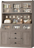 HIFIT 71.4” H Farmhouse Pantry Cabinet with 3 Bread Boxes and 7 Metal Hooks, 47.2” Wide Kitchen Hutch Cabinet with Storage and Glass Doors, Ash Grey