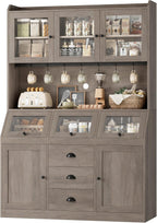 HIFIT 71.4” H Farmhouse Pantry Cabinet with 3 Bread Boxes and 7 Metal Hooks, 47.2” Wide Kitchen Hutch Cabinet with Storage and Glass Doors, Ash Grey
