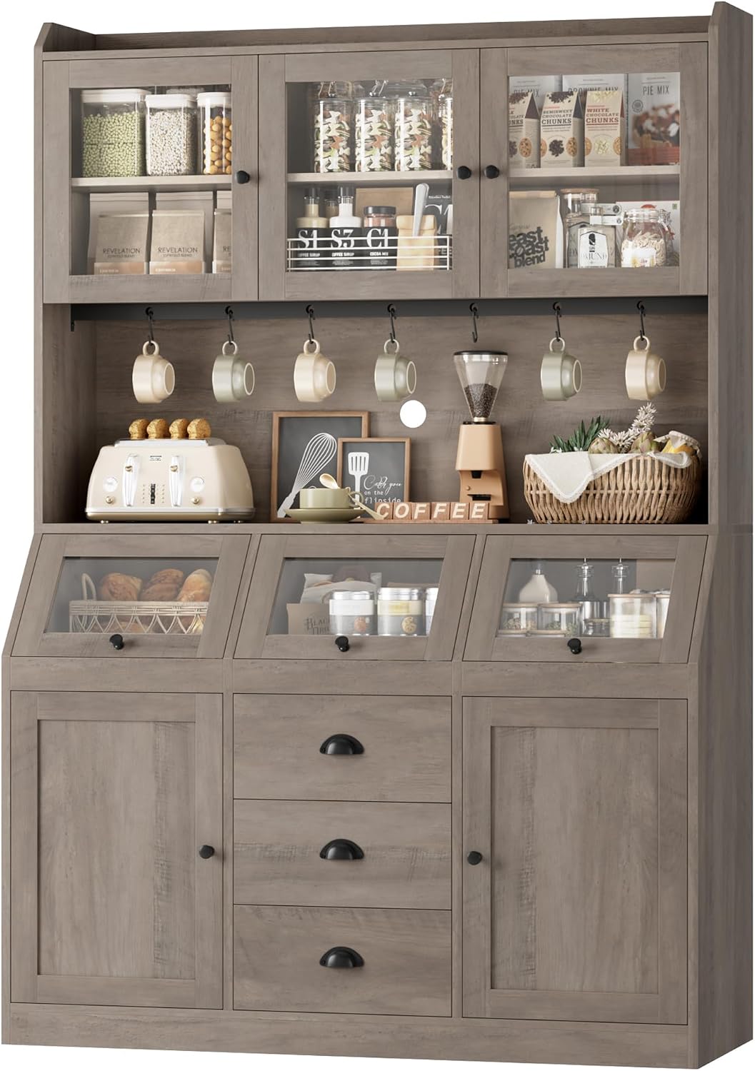 HIFIT 71.4” H Farmhouse Pantry Cabinet with 3 Bread Boxes and 7 Metal Hooks, 47.2” Wide Kitchen Hutch Cabinet with Storage and Glass Doors, Ash Grey