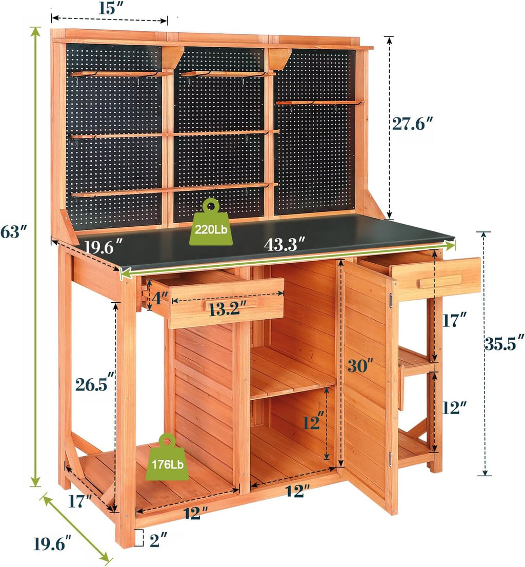 Outdoor Potting Bench, Black, 44 * 20 * 63in | Wooden with Metal Tabletop, Drawer Included, Matching Storage Cabinet, Shelf/Hooks Included