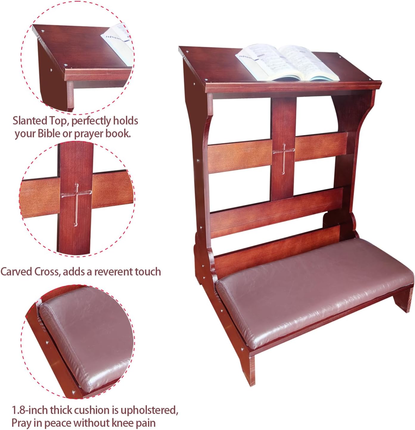 Wooden Prayer Bench Kneeler with Padded Cushion & Slanted Desktop Bible Shelf, Devotional Kneeling Table for Church & Meditation, 23”x20”x32”