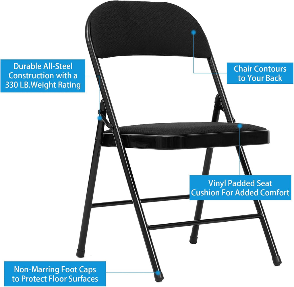 6 Pack Folding Chairs Metal Chairs Set with Padded Seats and Back, Padded Folding Chair for Home Office Wedding Party, Indoor and Outdoor Events, Set of 6 (Black-Fabric, 6 Pack)
