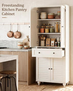 80" Tall Storage Cabinet with Louvered Doors and Adjustable Shelves, Farmhouse Kitchen Pantry Cabinet, Freestanding Storage for Dining Room, Living Room, Home Office, Bathroom, Rustic White