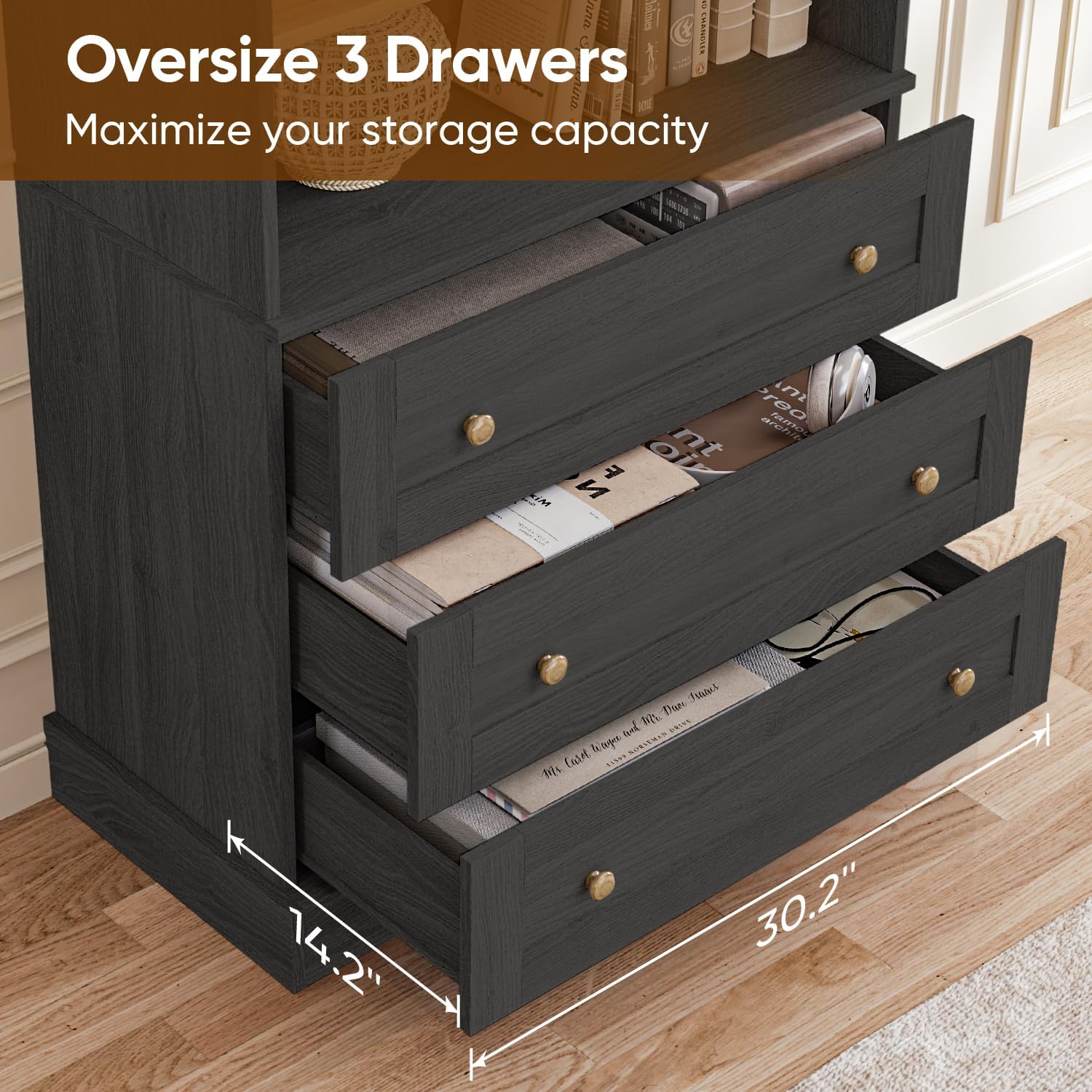 ivaniti 71" Farmhouse Bookcase with Glass Doors & Drawers, Tall Wooden Storage Cabinet with Adjustable Shelves for Living Room, Home Office, Dining Room, Black, Set of 3