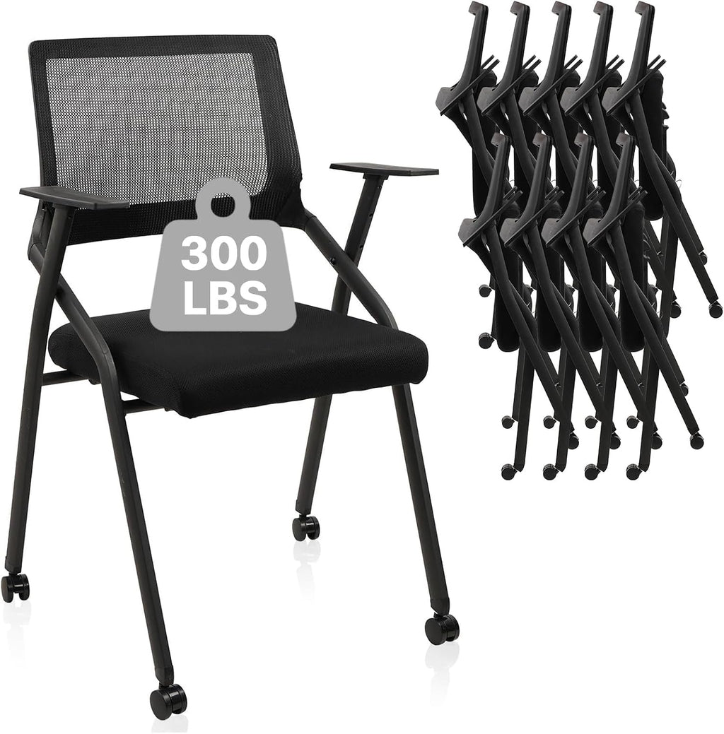 CLATINA Ergonomic Stackable & Foldable Conference Room Chairs, Mesh Office Chair with Arms and Wheels for Office Waiting Room Meeting Lobby Church School Receptions and Training Black (10 pk)