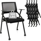 CLATINA Ergonomic Stackable & Foldable Conference Room Chairs, Mesh Office Chair with Arms and Wheels for Office Waiting Room Meeting Lobby Church School Receptions and Training Black (10 pk)