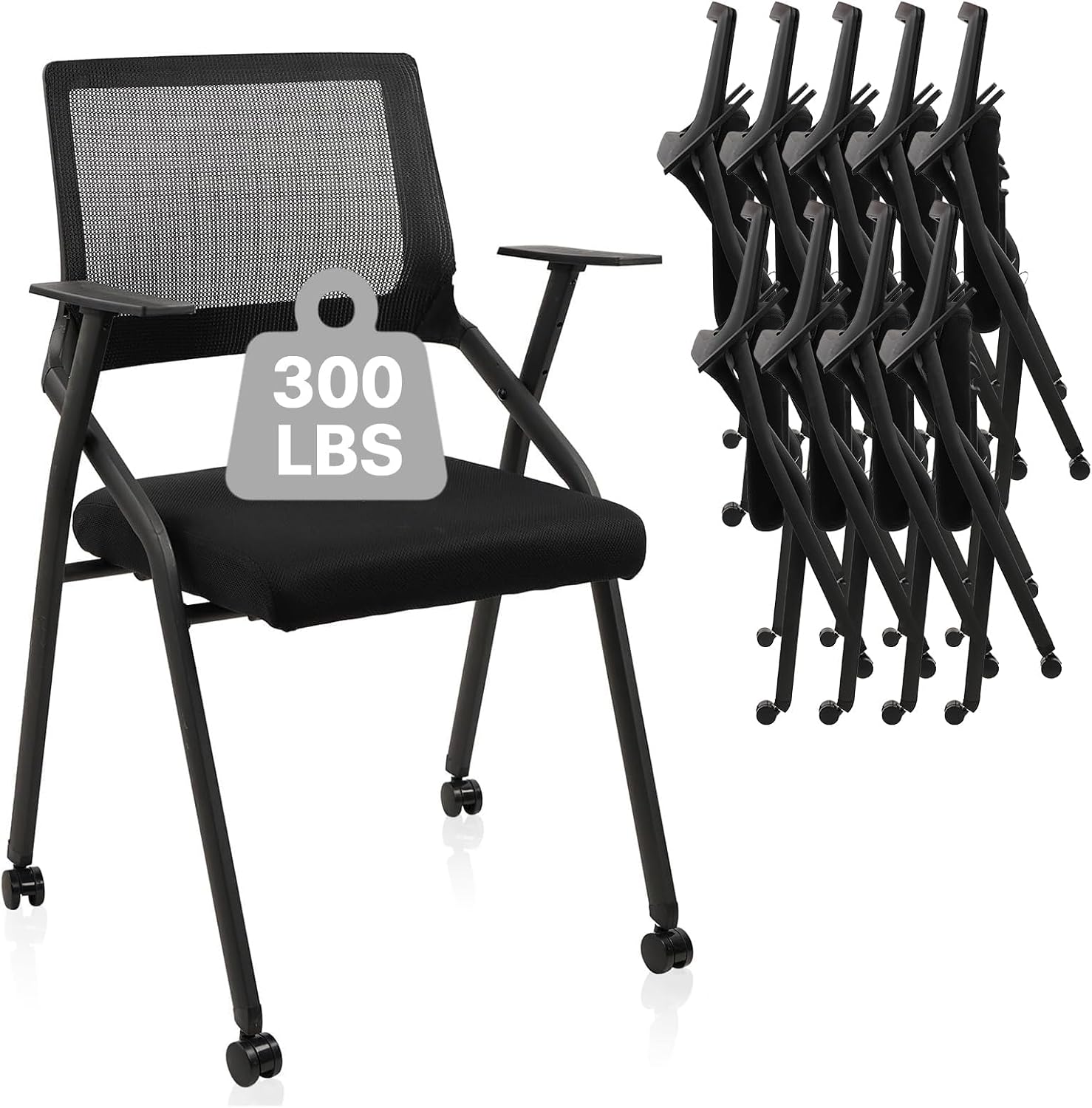 CLATINA Ergonomic Stackable & Foldable Conference Room Chairs, Mesh Office Chair with Arms and Wheels for Office Waiting Room Meeting Lobby Church School Receptions and Training Black (10 pk)