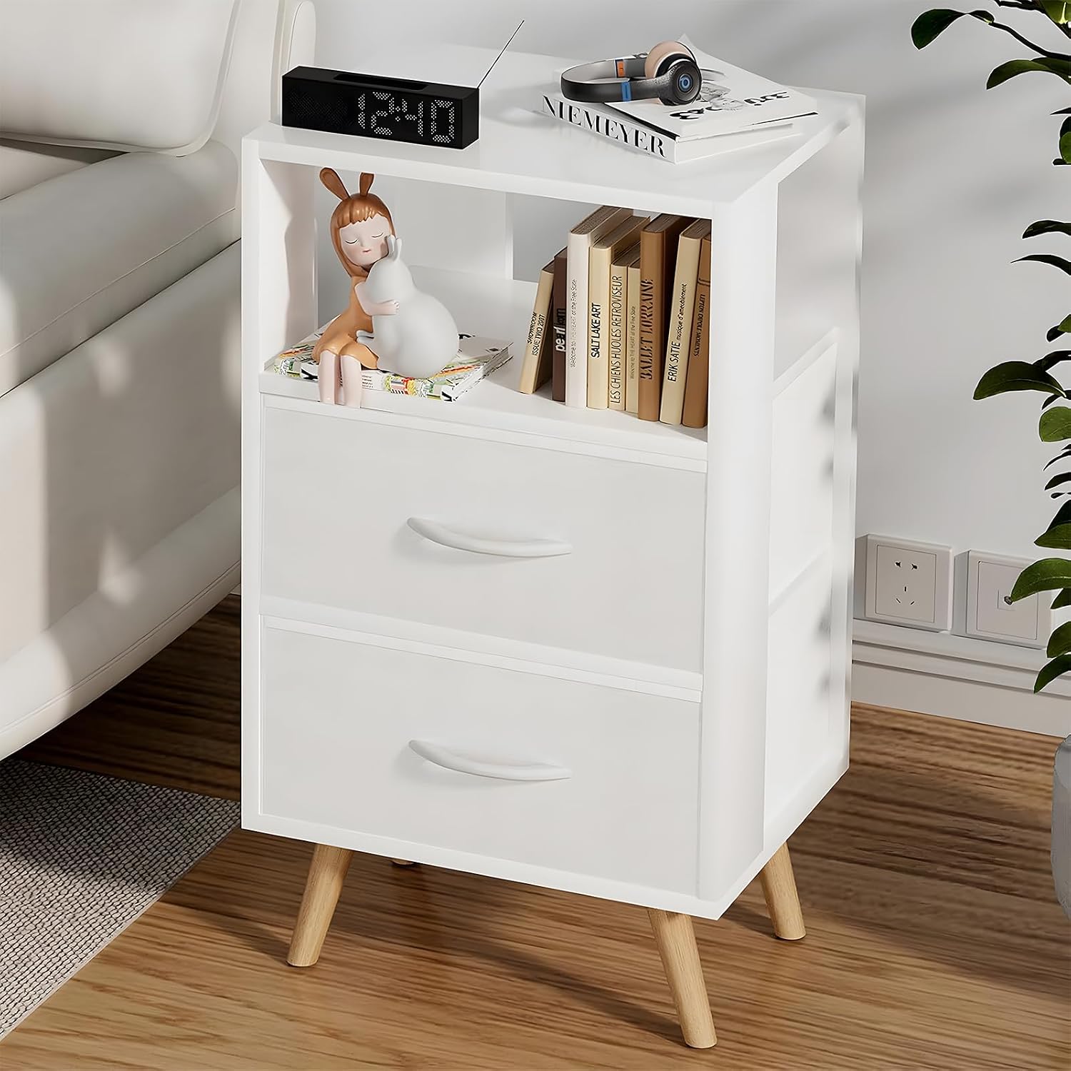 Aenuert Night Stand, White Nightstand with Fabric Drawers, Wooden Side Table with Open Storage, 3-Tier Modern End Table, Bedside Table for Small Space, Living Room, Bedroom