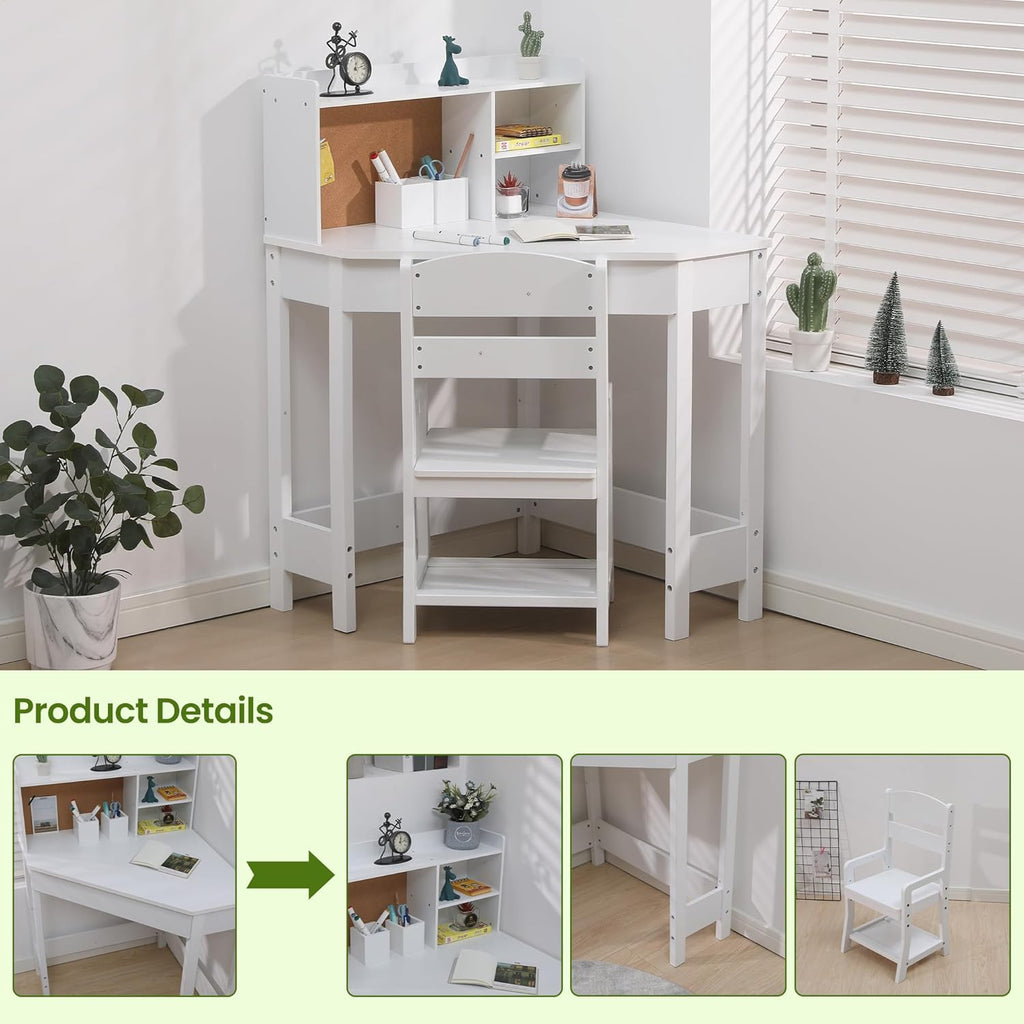 Garvee Kids Corner Desk, Desk and Chair Set for Children, L Shape Kids Study Table for Boys and Girls 3-8, White