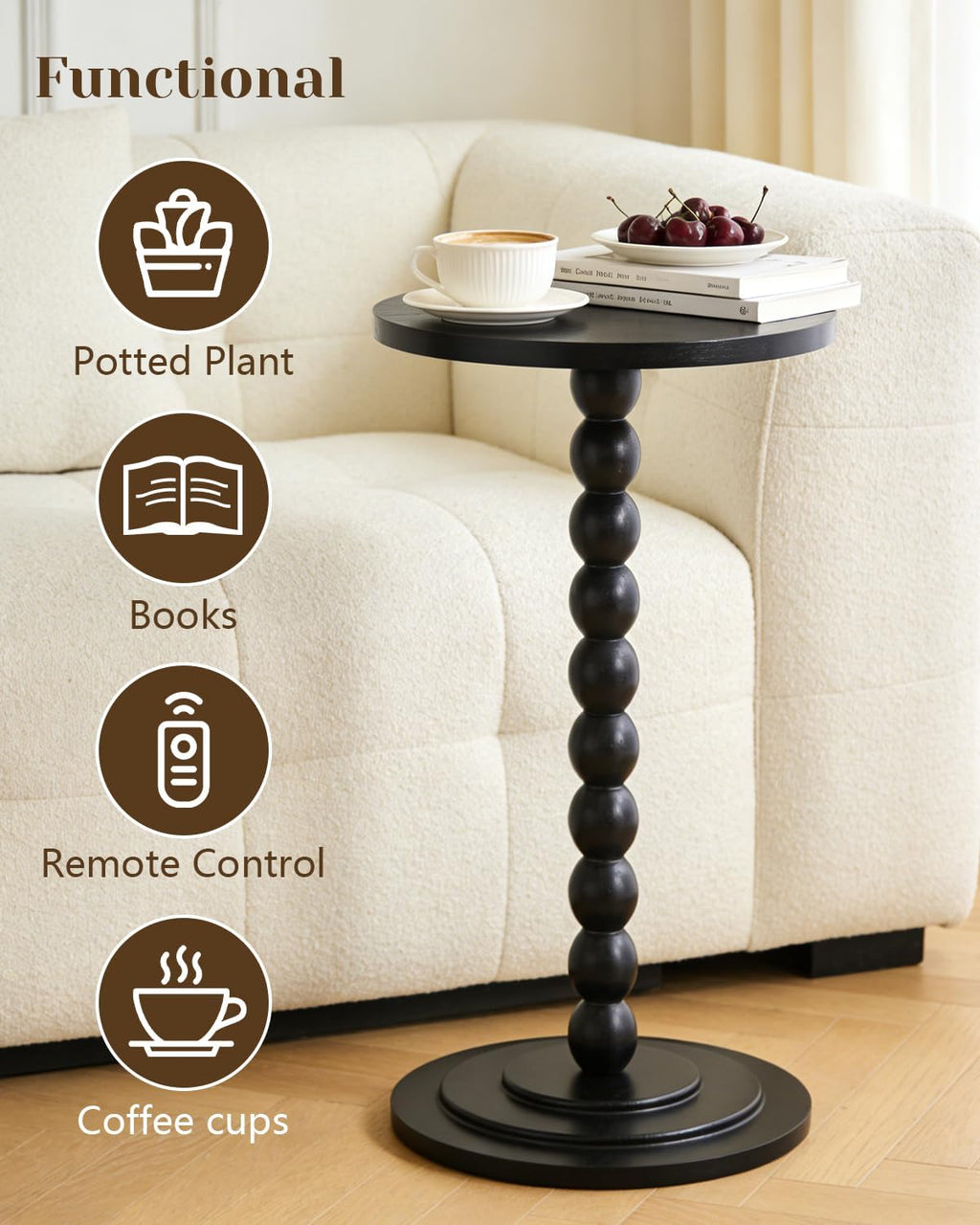 Small Round Side Table, Drink Table, Coffee Martini Table for Small Spaces Modern Accent End Table Nightstand with Solid Wood Leg for Living Room, Bedroom, Corners, and Office (Black)