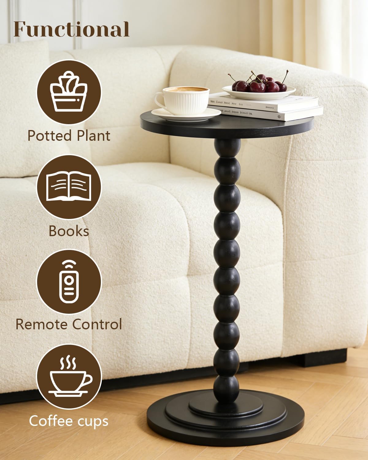 Small Round Side Table, Drink Table, Coffee Martini Table for Small Spaces Modern Accent End Table Nightstand with Solid Wood Leg for Living Room, Bedroom, Corners, and Office (Black)