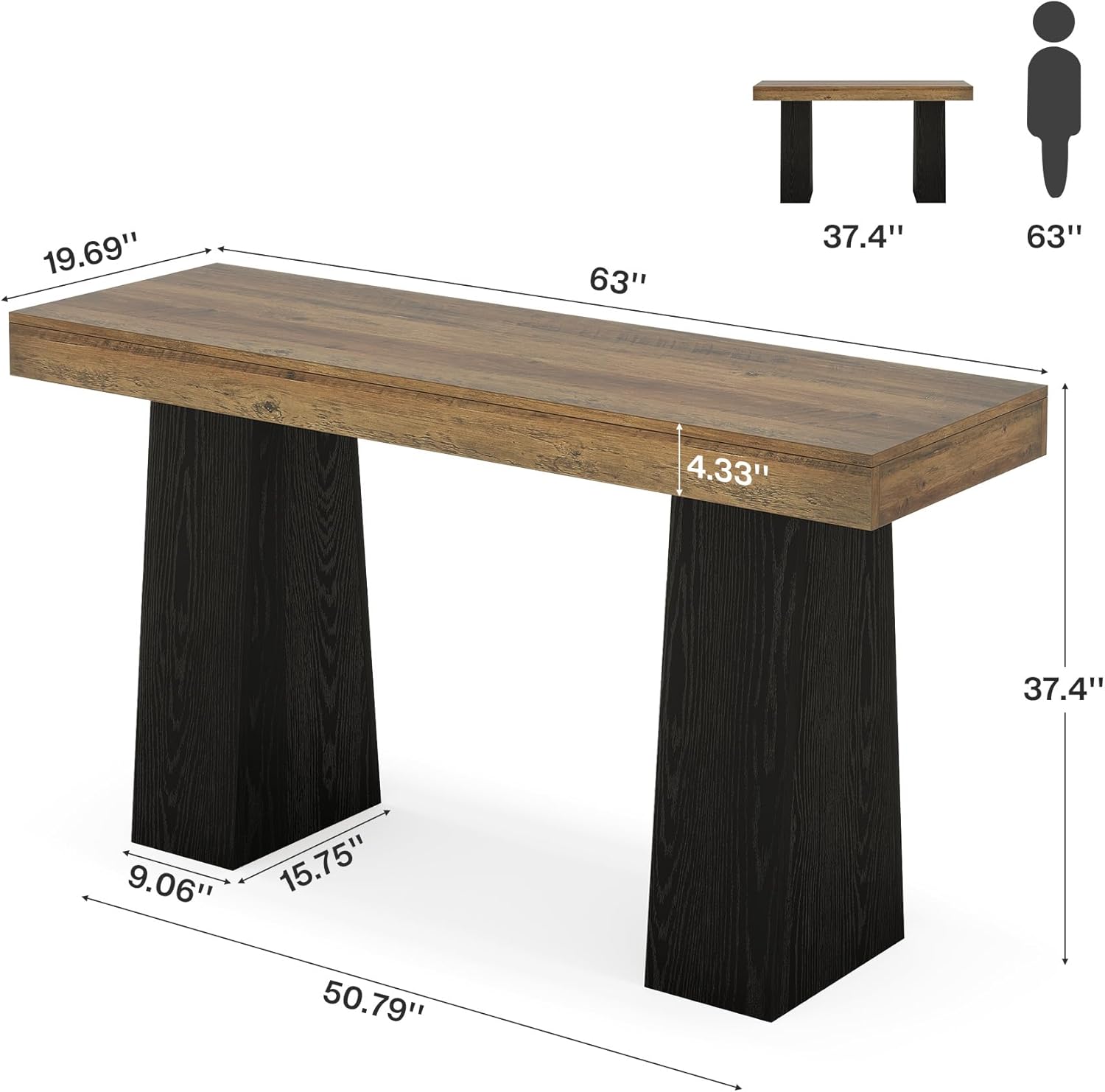 Tribesigns 63 Inch Wood Bar Table, Rustic Rectangular Bar Height Counter Table with Thickened Tabletop & Sturdy Base for Home, Basement, Event, Brown Black (1)