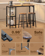 Qsun 3-Piece Bar Table Set for 2, Bar Height Table with Stools & 2 Storage Shelves, Small Bar Table Set with Glass Rack, Small Kitchen Table for Dining Room, Living Room, Rustic Brown