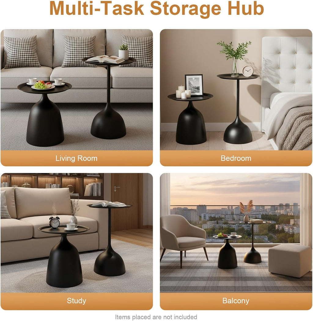 Round Side Table Set of 2 Black Nesting Tables with 16.9'' & 23.6'' Height – for Living Room, Bedroom, and Balcony