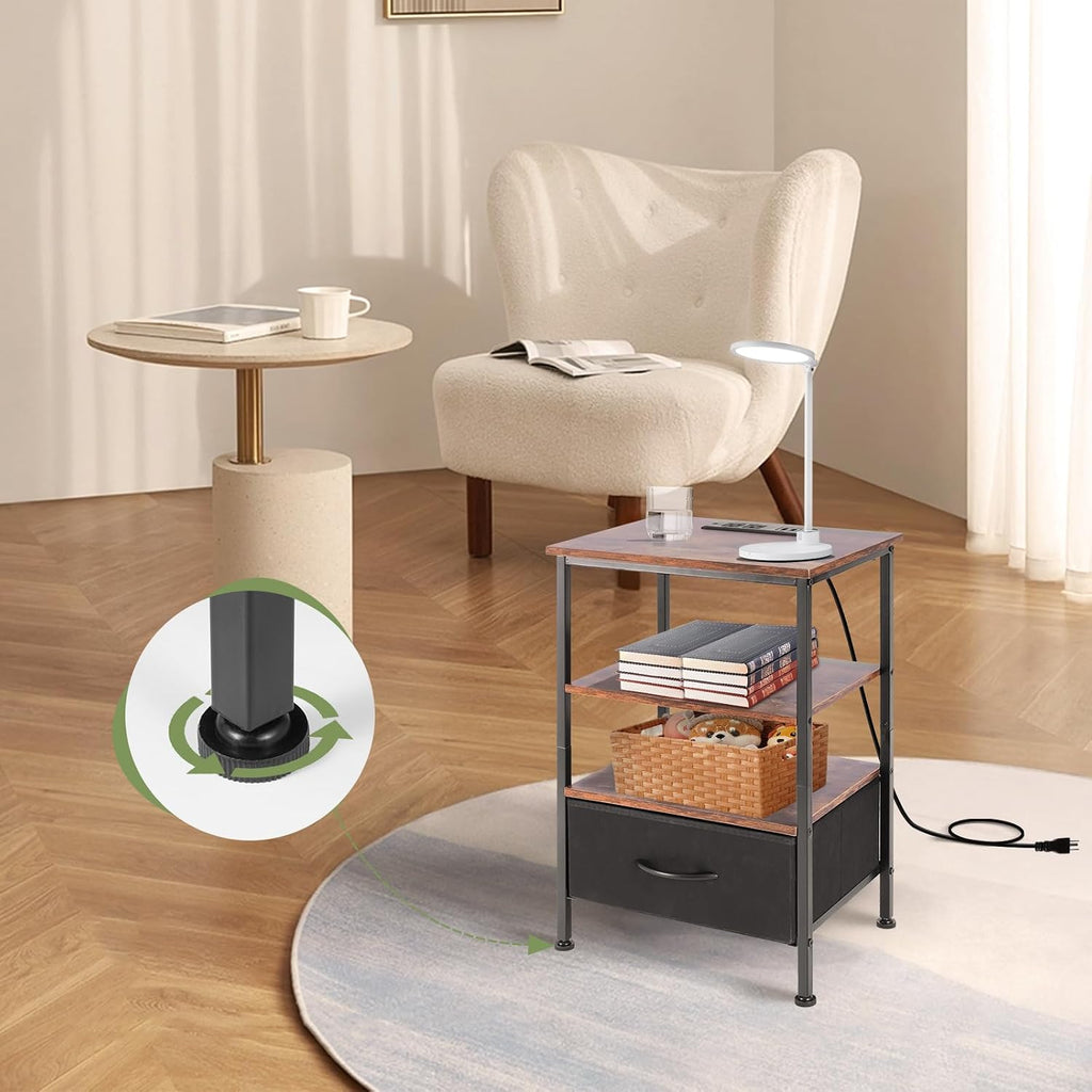 Nightstands Set with Charging Station, Bedside Tables with USB Ports and Outlets, End Table with Fabric-Wood 2-in-1 Drawer for Small Spaces, Vintage Side Table for Bedroom, Living Room