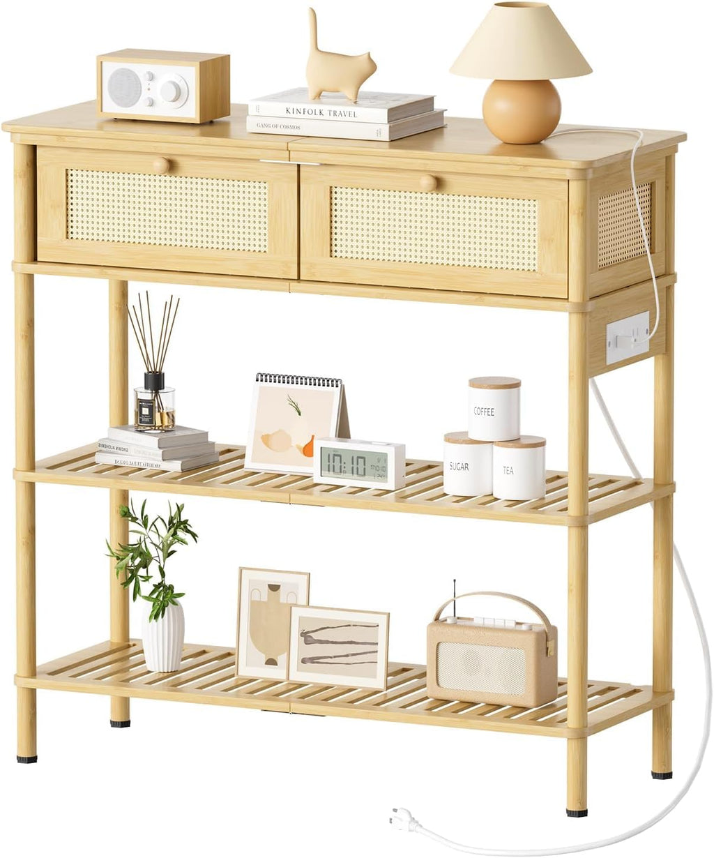 Entryway Table Sofa Console Table, Bamboo Small Entry Way Table with Drawers Storage and Power Outlets for Living Room, Hallway, Foyer, Entrance