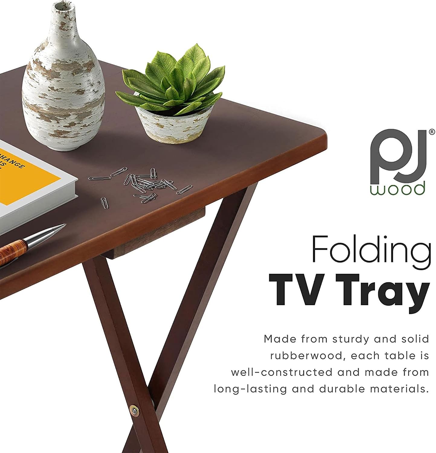 PJ Wood - Folding Wood TV Trays - Honey Oak, 8 Pack | Solid Construction, Collapsible Design, Rectangular Shape, 14.57 in W x 19.09 in L x 26 in H, Multiuse Snack Or Work Surface