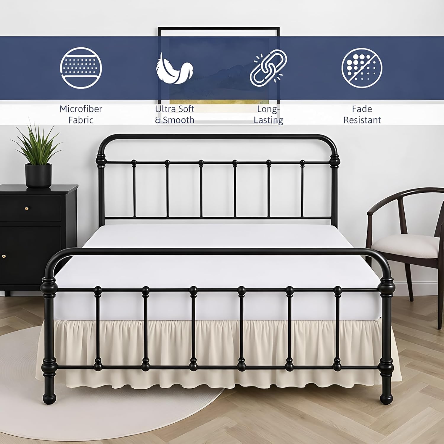 King Size Ruffled Bed Skirt - 16 inch Drop Dust Ruffle Bedskirt with Split Corners, Easy Fit Platform Design Bed Skirts, Three-Sided Coverage, Microfiber Bedskirts, Ivory