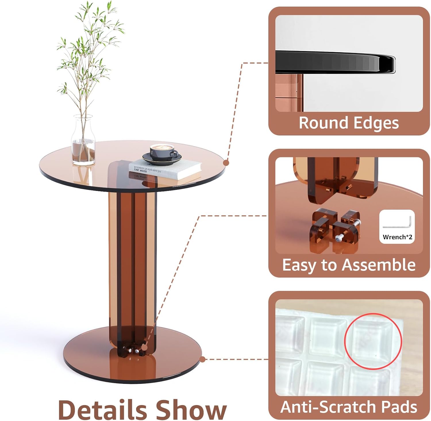 Round Acrylic Side Table, Modern Accent End Table, Minimalist Bedside Night Stand, Small Coffee Tables for Living Room Office Bedroom Indoor Home Decor, Brown