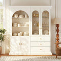 71" Arched Kitchen Modern Pantry Storage Cabinet, Tall Display Cabinet for Dining Room and Living Room with 1 Glass Door and 1 Open Shelf Cabinet with Drawers, White with Gold Handles, 2 of Set