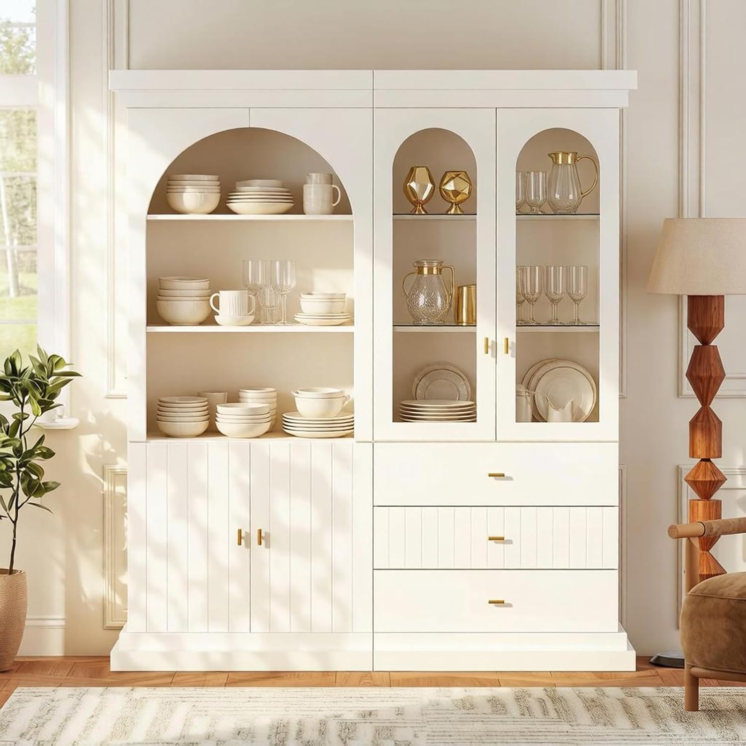 71" Arched Kitchen Modern Pantry Storage Cabinet, Tall Display Cabinet for Dining Room and Living Room with 1 Glass Door and 1 Open Shelf Cabinet with Drawers, White with Gold Handles, 2 of Set