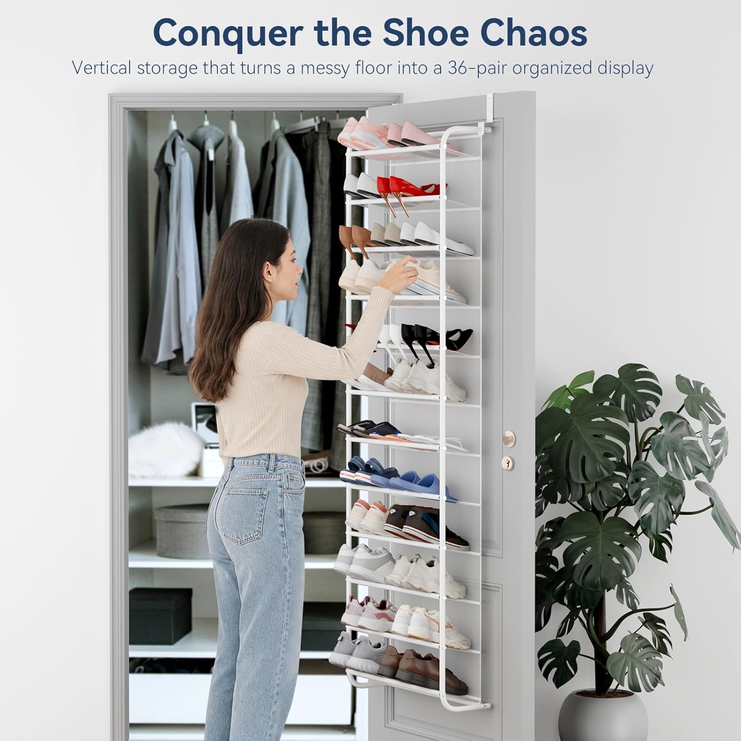 Whitmor 36 Pair Over The Door Shoe Organizer, 12 Tier Hanging Shoe Organizer, Heavy Duty Metal & Mesh Shoe Holder, Hanging Shoe Rack for Closet Organizer & Storage, 74"H x 21.7"W x 7.5"D, White