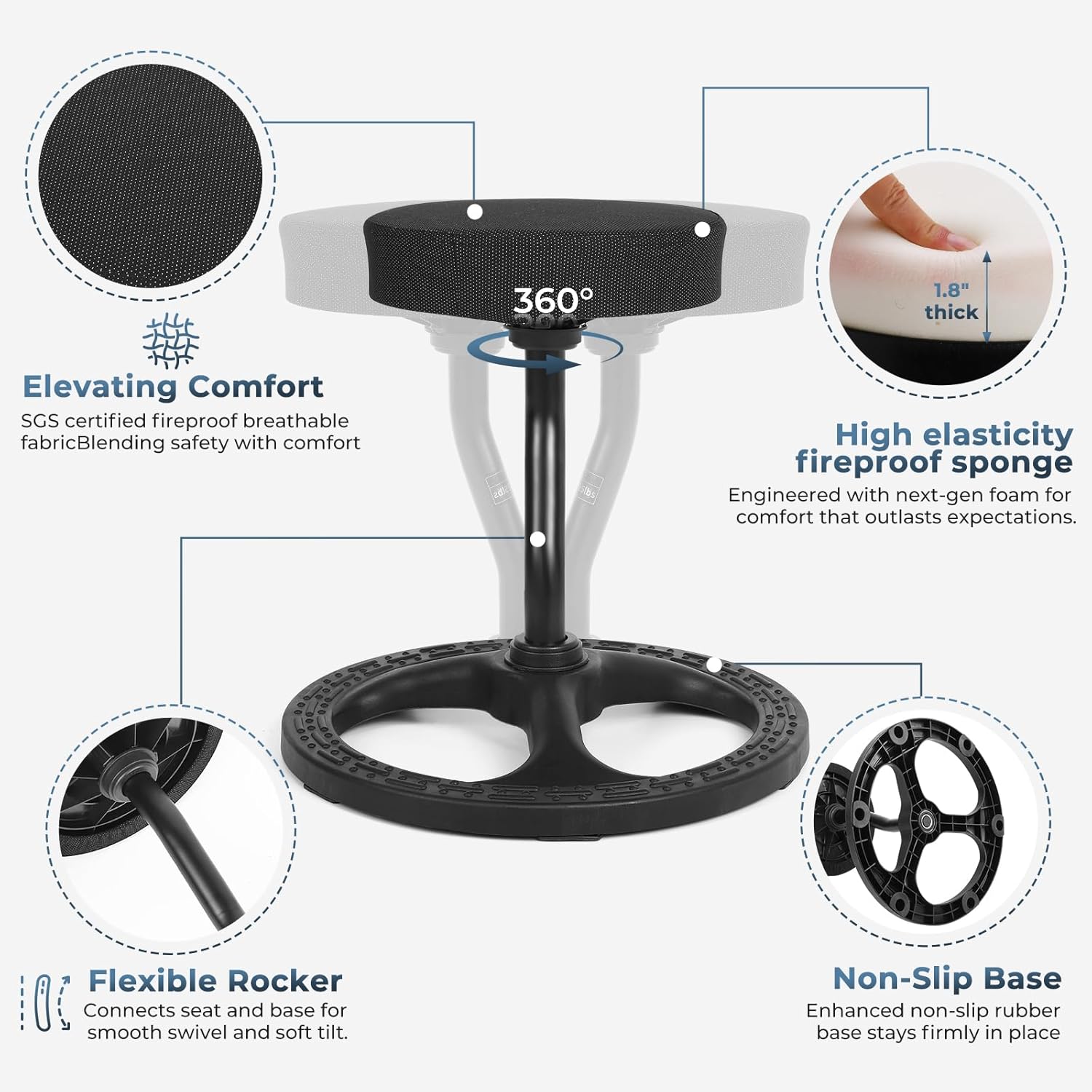 ADHD Chair for Kids, Yoga Chairs for Adults, Wobble Stool Active Flexible Seating Desk Chair with Non-Slip Base and Washable Seat Cover for Stability, Balance, Yoga, Office, School, Classroom