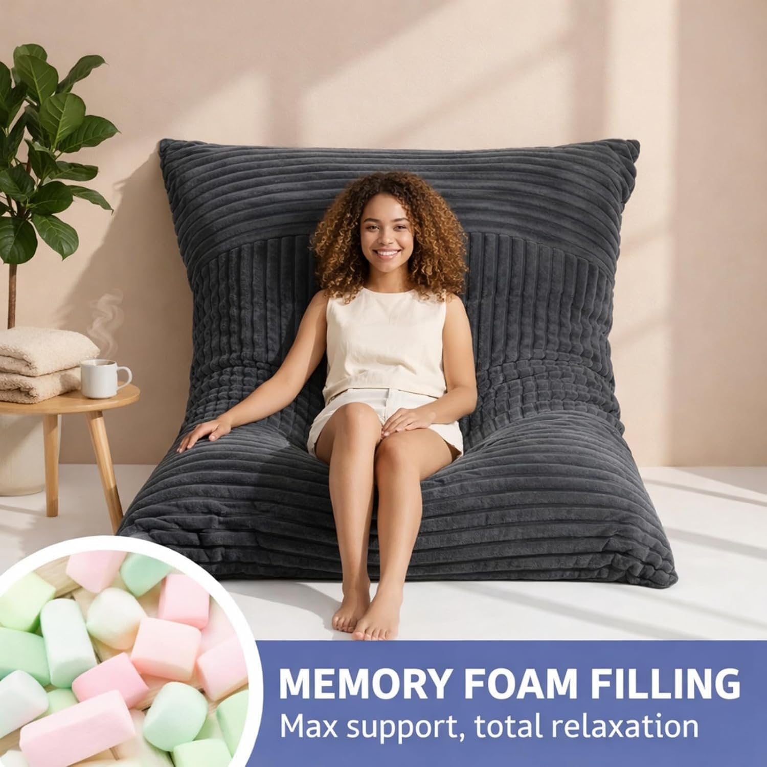 3 in 1 Giant Bean Bag Chair for Adults & Kids, Convertible Bean Bag Bed, Couch & Floor Cushion, Comfy Reading Lounge Sofa, Soft Corduroy Washable Cover for Bedroom, Living Room & Dorm, DarkGrey