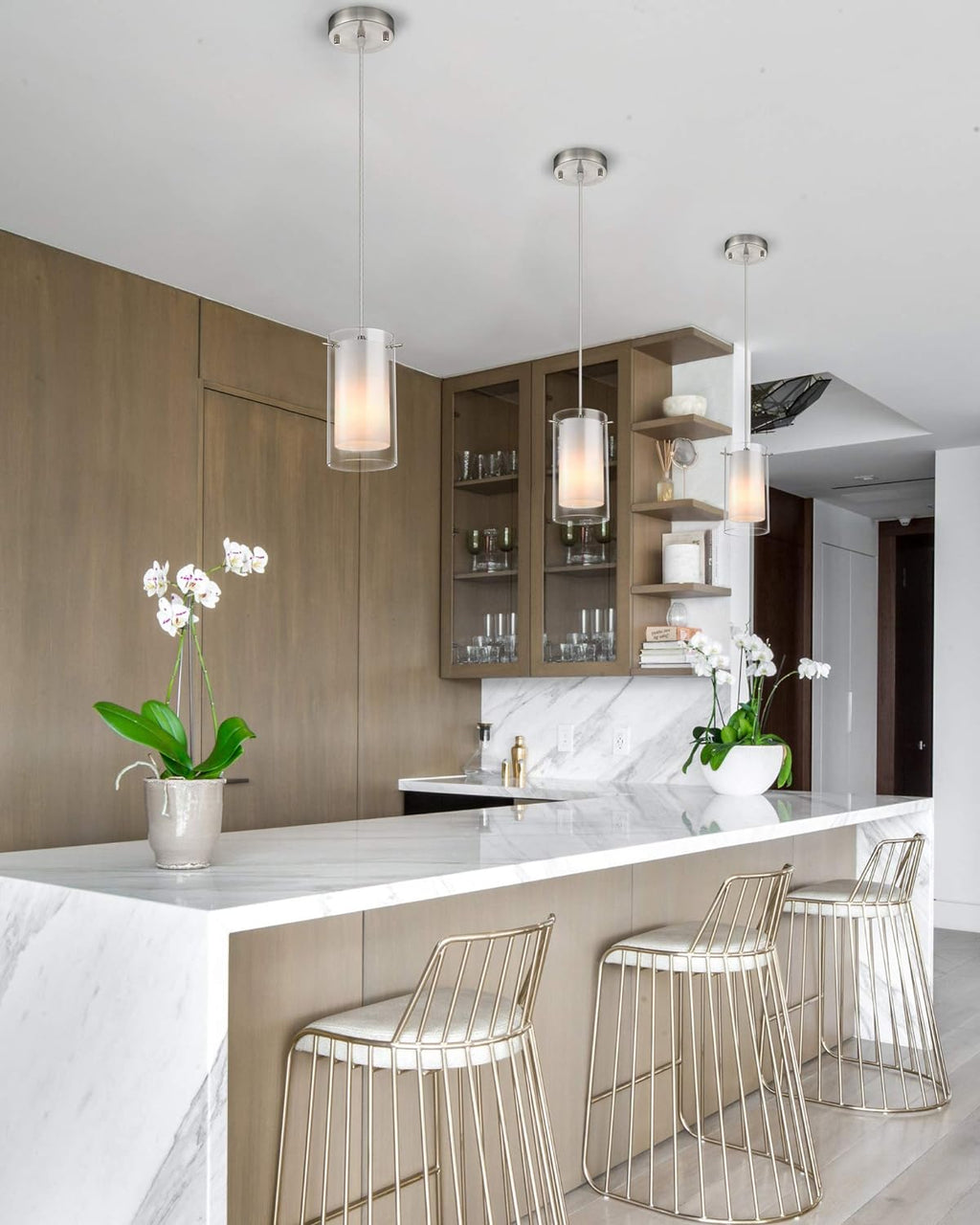 AKEZON Modern Glass Pendant Light 2 Pack, Adjustable Hanging Kitchen Island Lights Pendant Lighting Fixture Dining Room Bathroom Hallway Bar, Brushed Nickel Finish