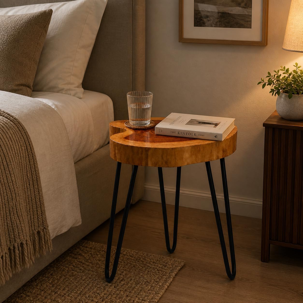 Live Edge Round Wood End Table – Solid Wood Side Table with Mid-Century Hairpin Legs – Unique Handmade Nightstand, Plant Stand for Bedroom, Living Room & Studio Decor