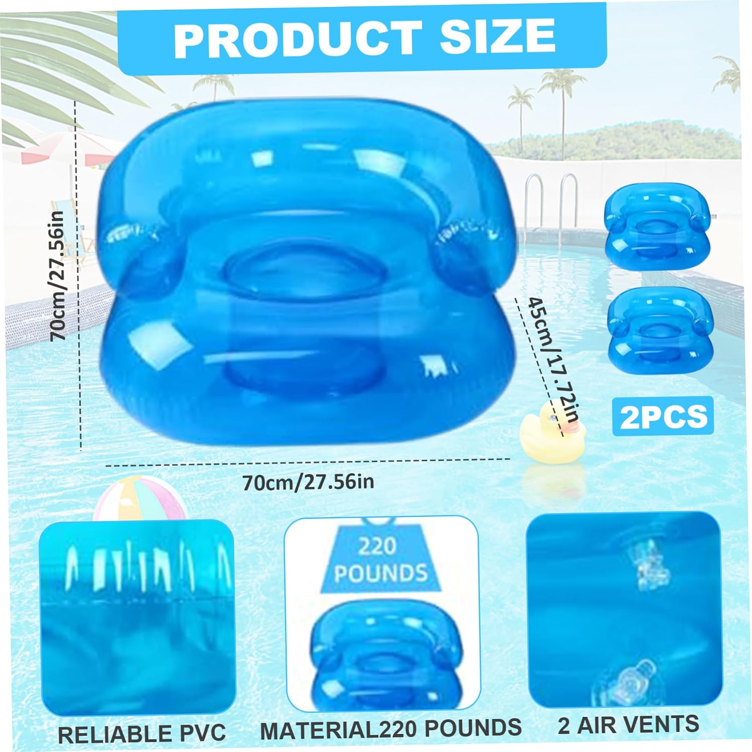 2PCS Kids Inflatable Pool Chairs, Waterproof PVC Blow Up Chairs with 2 Air Vents, Portable Air Couches for Learning, Camping, Beach Party, Blue