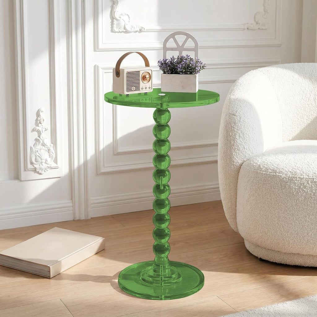 Acrylic Round Side Table, 11.8" D x 21.7" H Clear Pedestal End Table with Column Base, Space-Saving Nightstand Accent Tables for Living Room, Bedroom, Balcony, Easy Assembly, Green