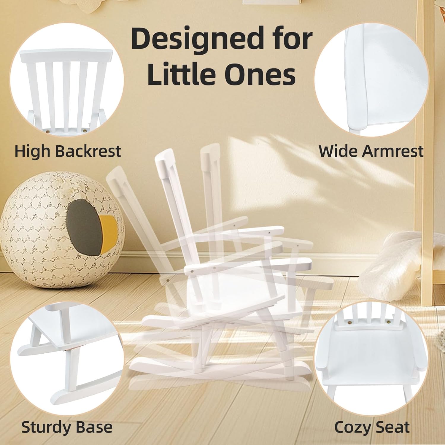Kids Rocking Chair for Toddler and Small Baby Wooden Comfy Rocker Furniture Indoor Cozy Recliner for Bedroom Play Room Couch Outdoor White