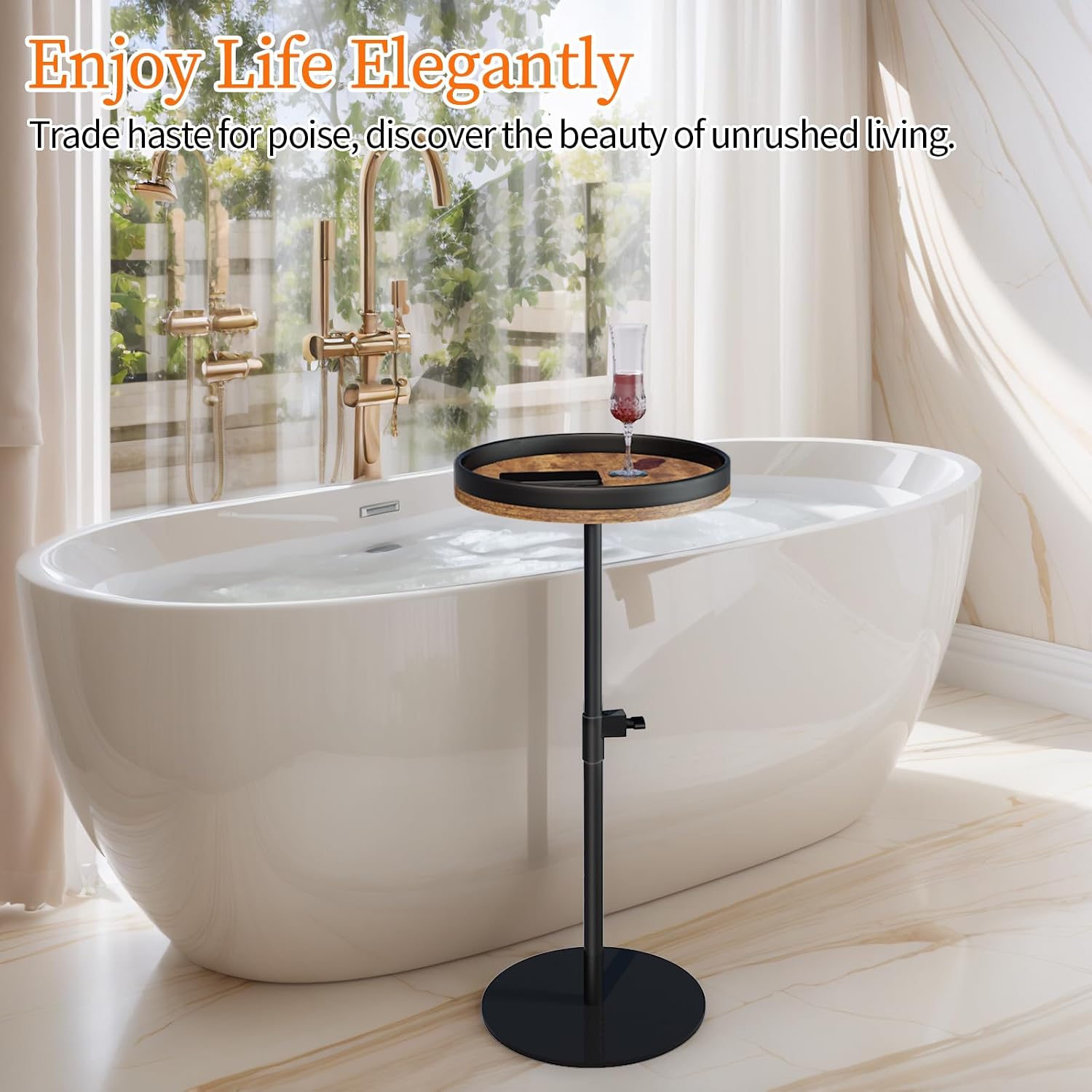 Drink Table, Small Round Side Table Height Adjustable Martini Table with Weighted Metal Base, Pedestal Table for Small Spaces, Accent Table for Living Room, Bedroom, Bathroom (Brown-1)