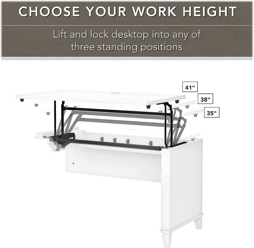 Bush Home Somerset 72W 3 Position Sit to Stand L Shaped Desk with Hutch and File Cabinet in White