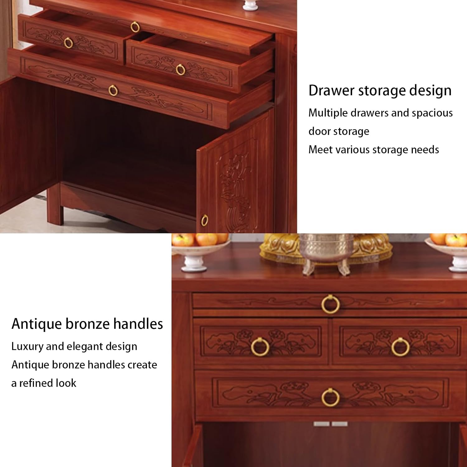 Large-Capacity Prayer Cabinet, Altar Table with Drawers, Solid Thickened Bamboo Board with Retro and Elegant Chinese carvings, Suitable for Entrance, Living Room, Bedroom 68cm