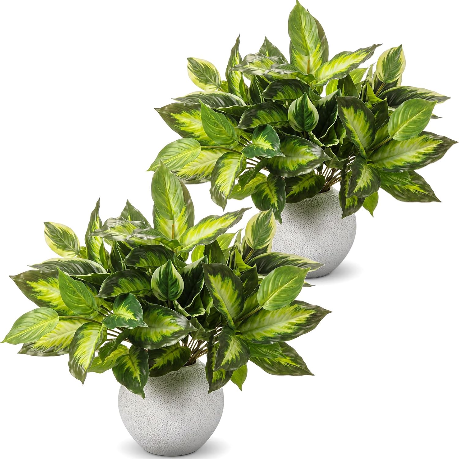 Hotop Variegated Hosta Artificial Plant for Summer Outdoor Decoration Faux Green Dieffenbachia Plant Lifelike Tropical Houseplant Bush Stems for Home Office Indoor Yard Planter Filler(12 Pack)