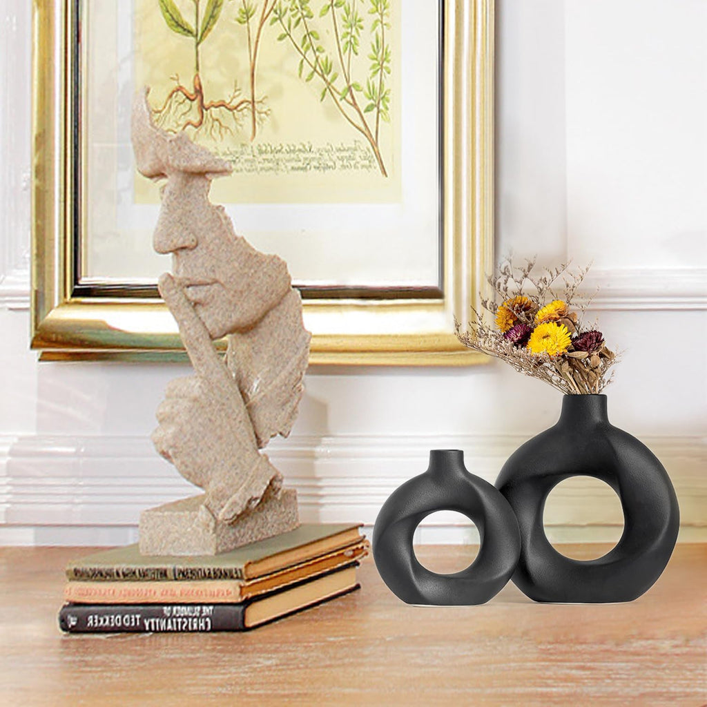 Black Ceramic Vase Set of 2,Matte Modern Nordic Boho Home Decor for Living Room,Bedroom,Wedding Table
