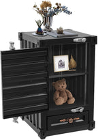 Industrial Wind Bedside Table, Container Style Locker Wrought with 2 Compartments and 1 Drawer, Iron Bilayer Side Table for Bedroom, Living Room, Office - Black