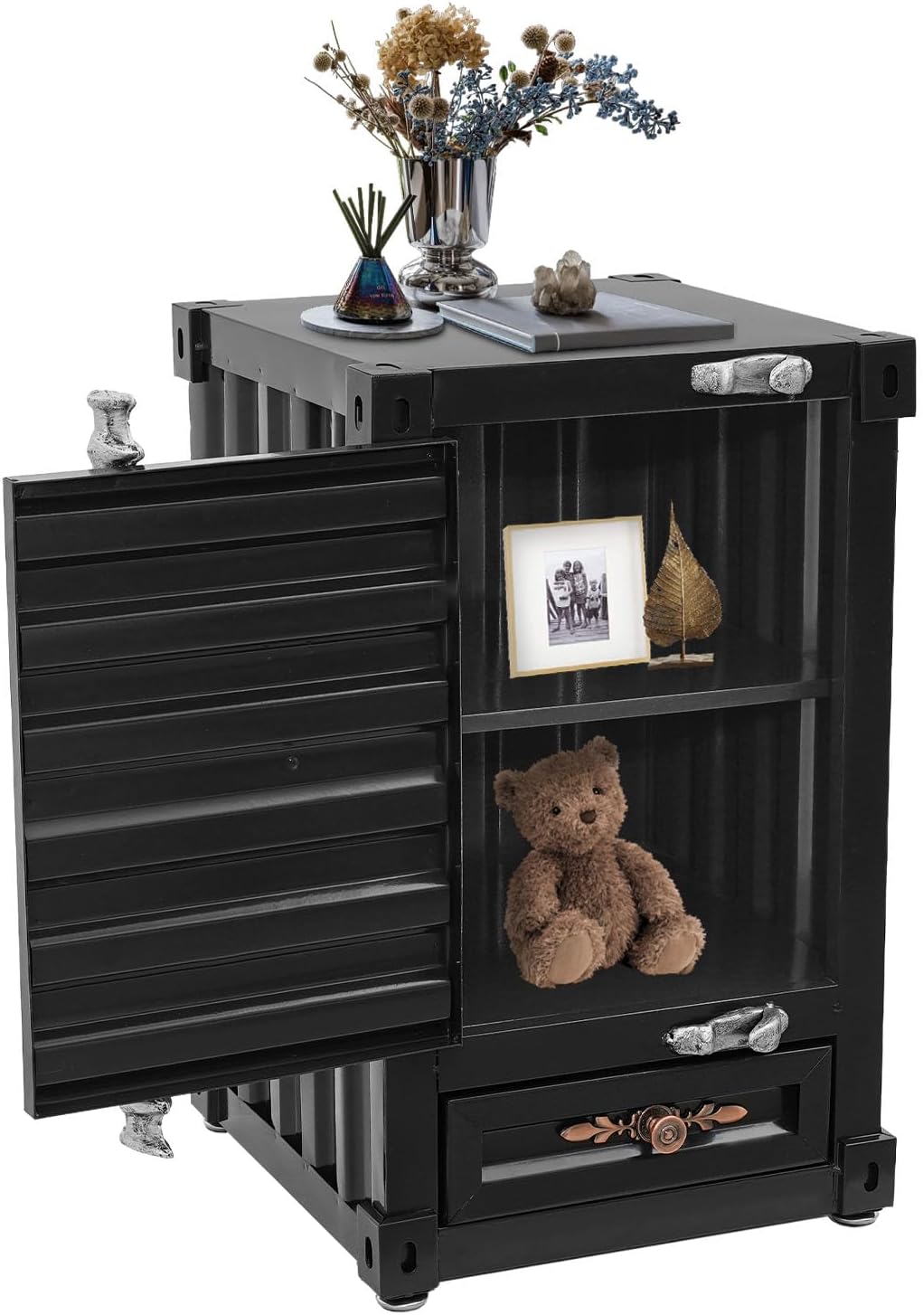 12.6x12.6x19.7in Industrial Style Beside Table, Metal Container Side Table with Drawer, Vintage Container Style Locker Wrought Storage Cabinet for Bedroom/Bar/Garage (Black)