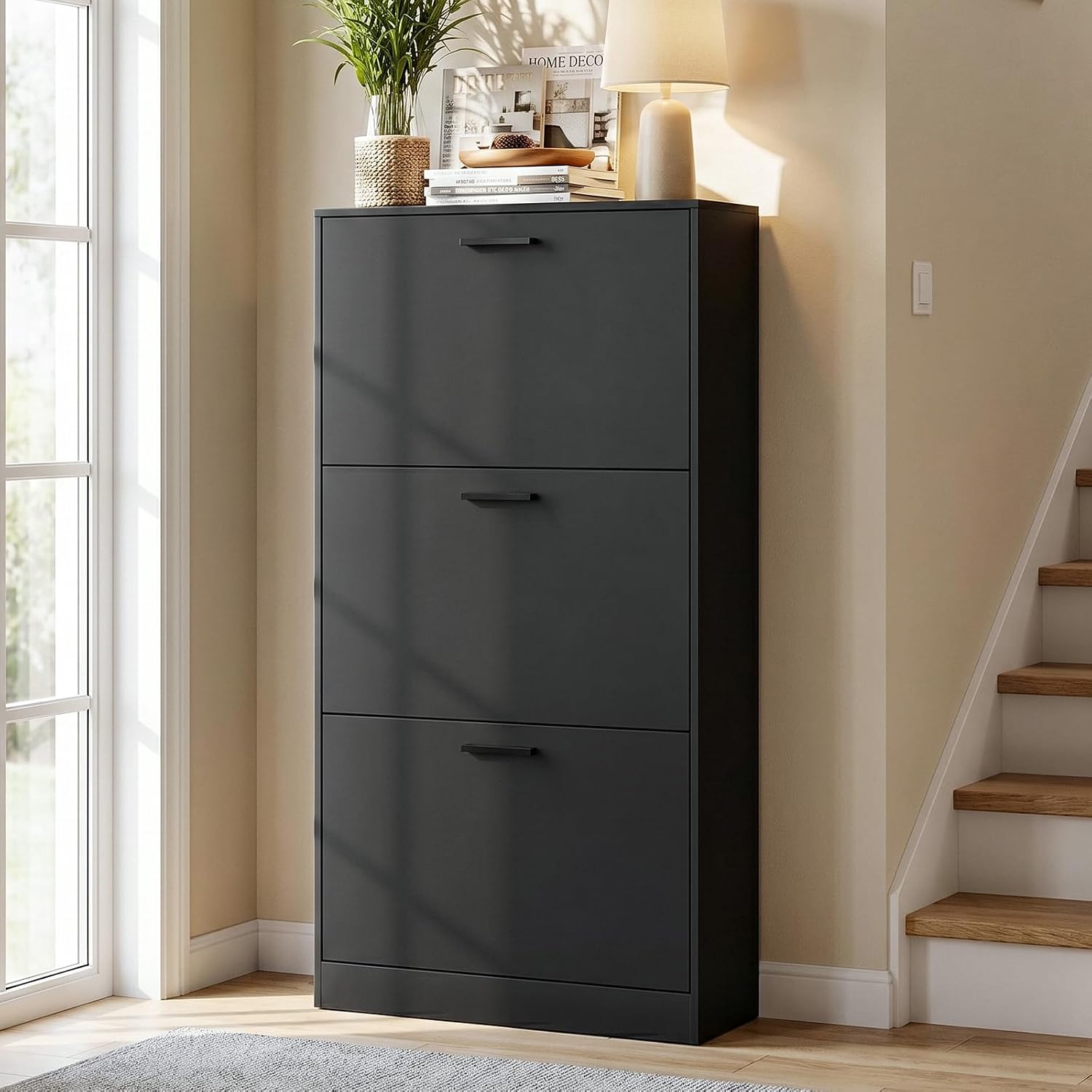 Shoe Cabinet with 3 Flip Drawers, Narrow Freestanding Shoe Organizer, Hidden Slim Shoe Storage Cabinet for Entryway, Hallway, Living Room, Black