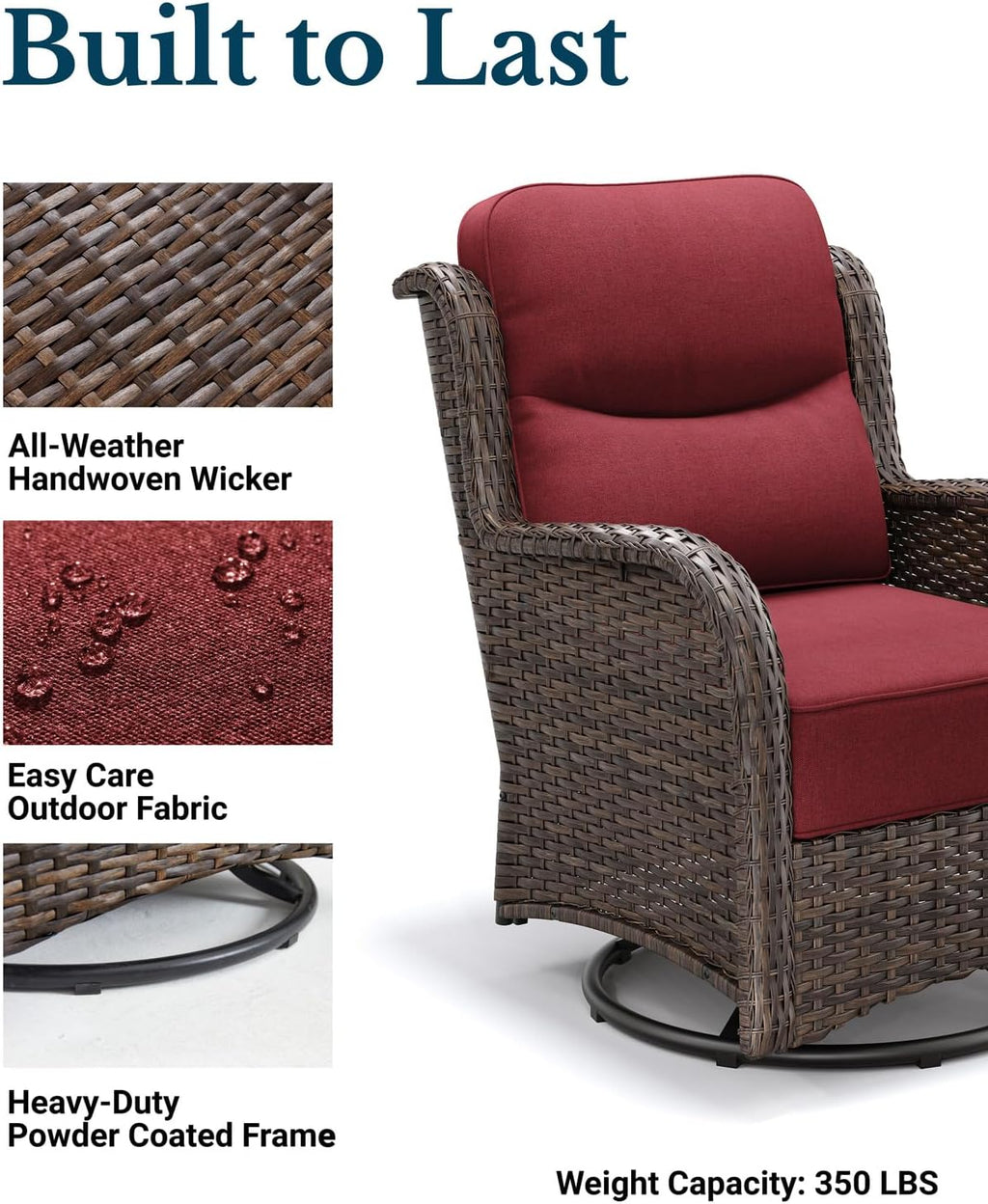HILLGA Luxury 5PCS Outdoor Swivel Rocker Patio Chairs of 2 with 6 Inch Thick Cushions and Side Table, All Weather Outdoor Chairs High Back Wicker Patio Furniture Set for Porch and Deck, Burgundy