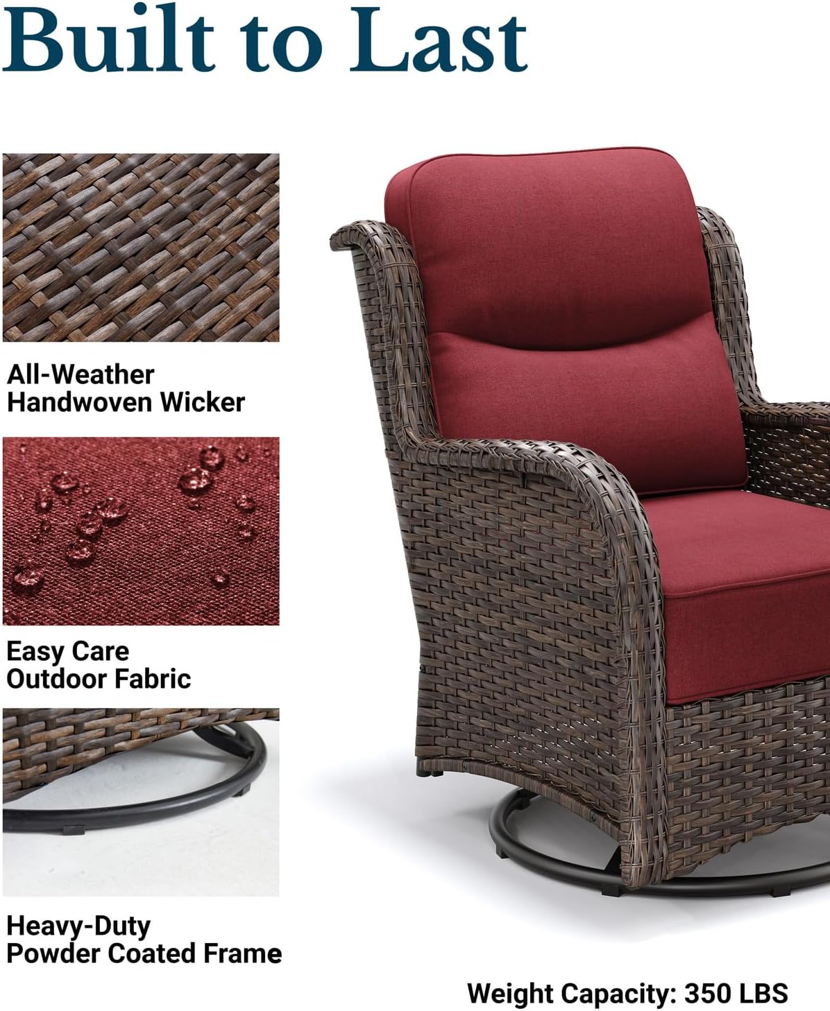 HILLGA Luxury 5PCS Outdoor Swivel Rocker Patio Chairs of 2 with 6 Inch Thick Cushions and Side Table, All Weather Outdoor Chairs High Back Wicker Patio Furniture Set for Porch and Deck, Burgundy