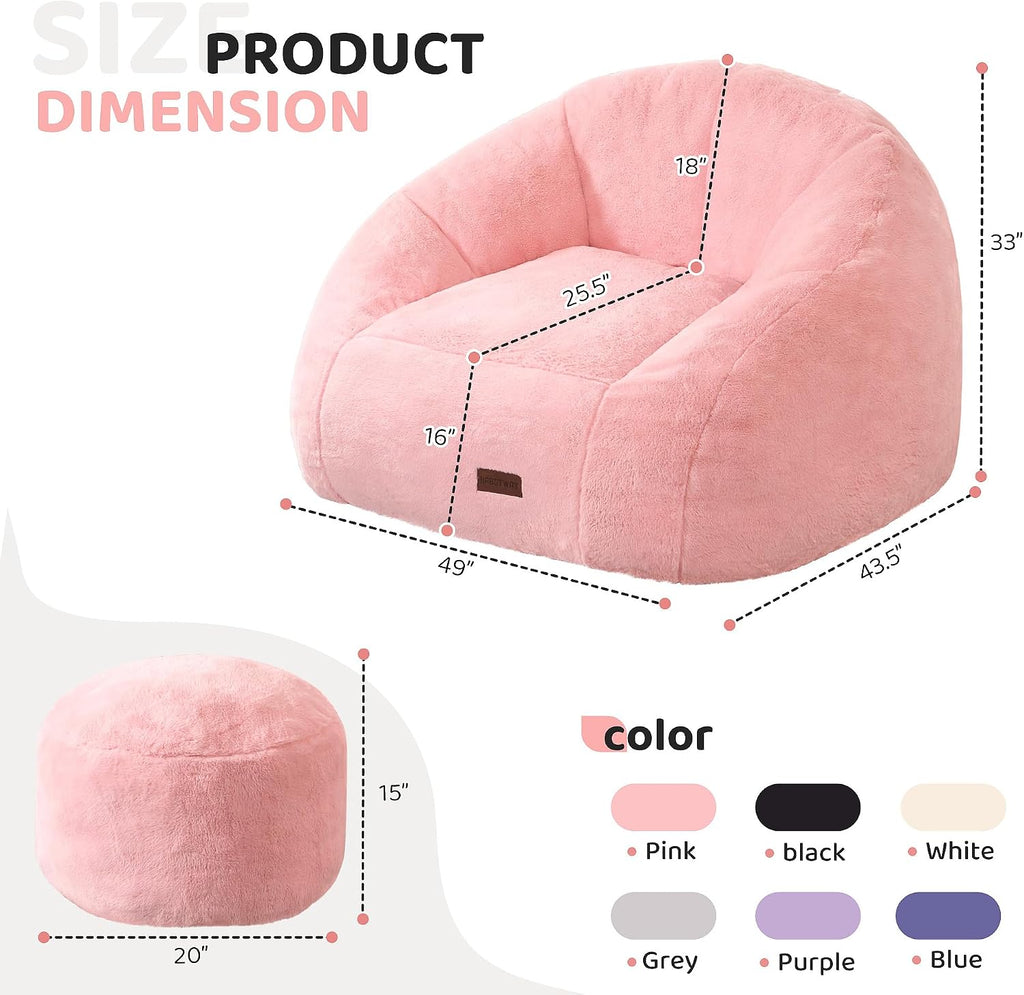 HABUTWAY Bean Bag Chair, Giant Bean Bag Chairs for Adults with Ottoman, Comfy Faux Fur Shell-Shaped Bean Bag Couch, Sofa Chair for Living Room, Bedroom, Pink