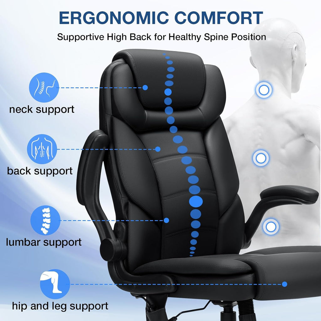 HOFFREE Executive Office Chair with Adjustable Lumbar Support,450lbs Heavy Duty Big & Tall PU Leather Ergonomic Desk Chair with Flip-up Armrests, Comfy Computer Chair for Home Office,Black