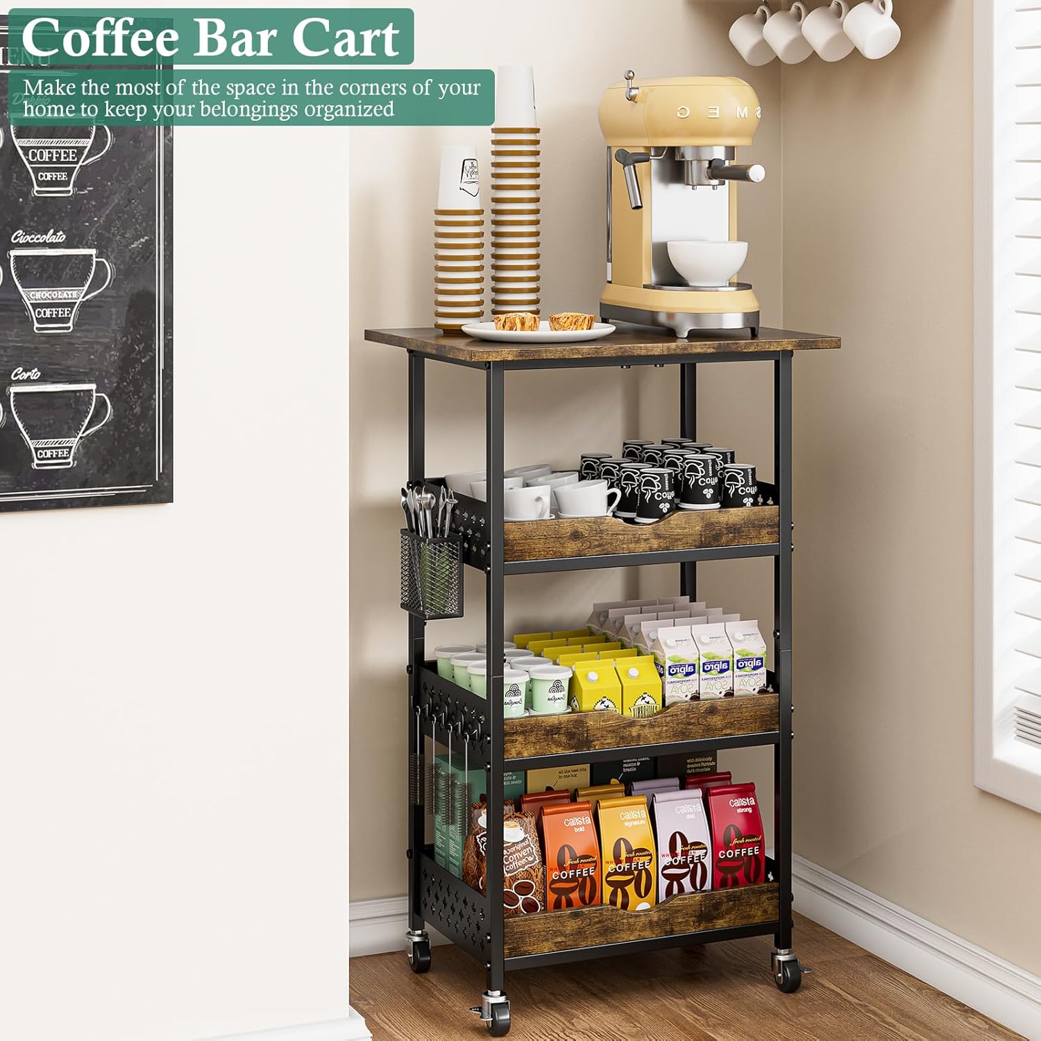 XYZLVSI Rolling Kitchen Microwave Cart, 4 Tier Microwave Table Stand with Fruit Baskets, Kitchen Storage Rack on Wheels, Small Coffee Bar Station Shelf Organizer for Pantry, Living Room Office