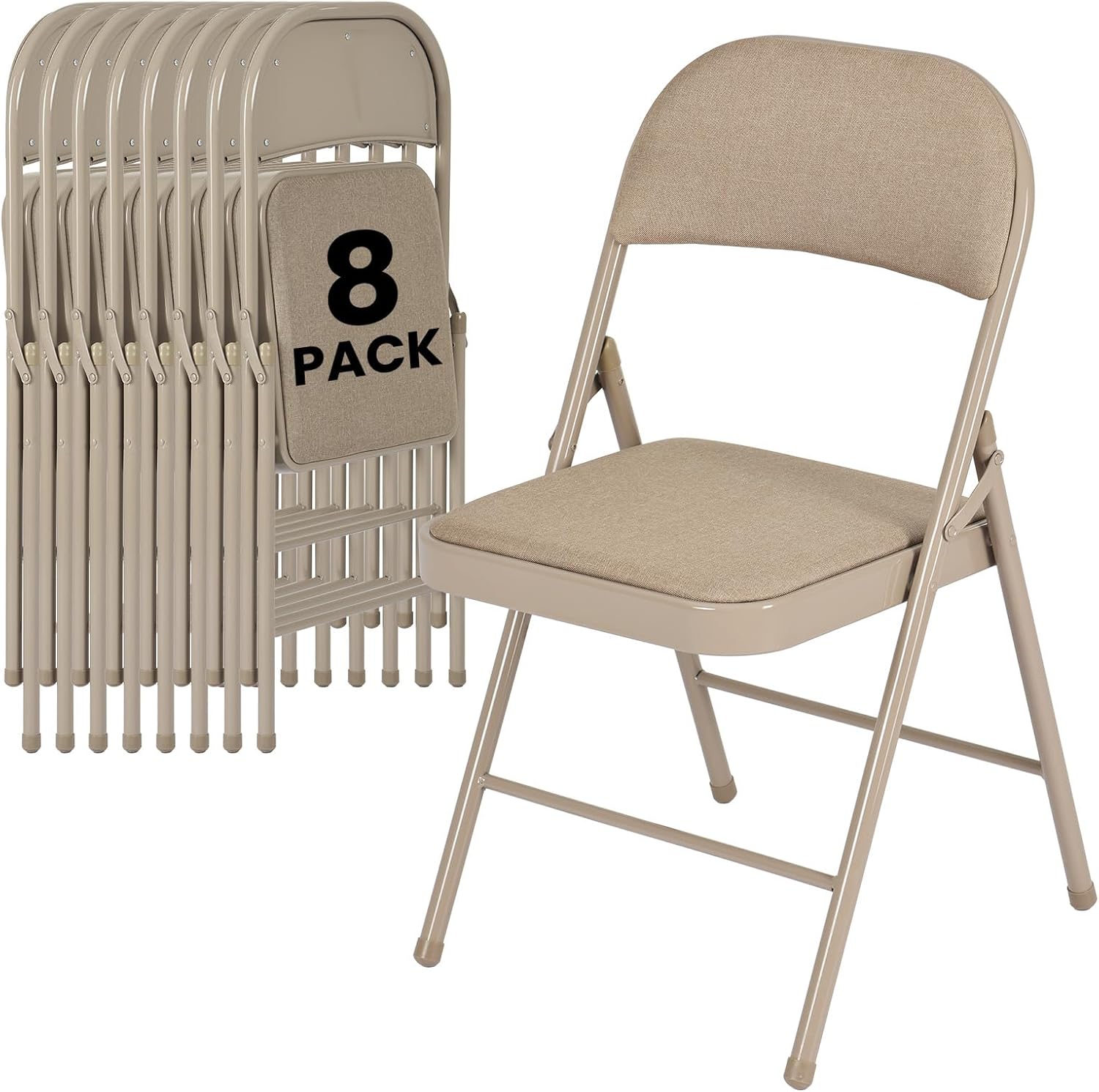 8 Pack Folding Chairs, Fabric Dining Chair Set with Padded Cushion and Back, Indoor Outdoor Seat for Home Office, Parties, Events, Wedding, Extra Guest Seating, Desert Khaki